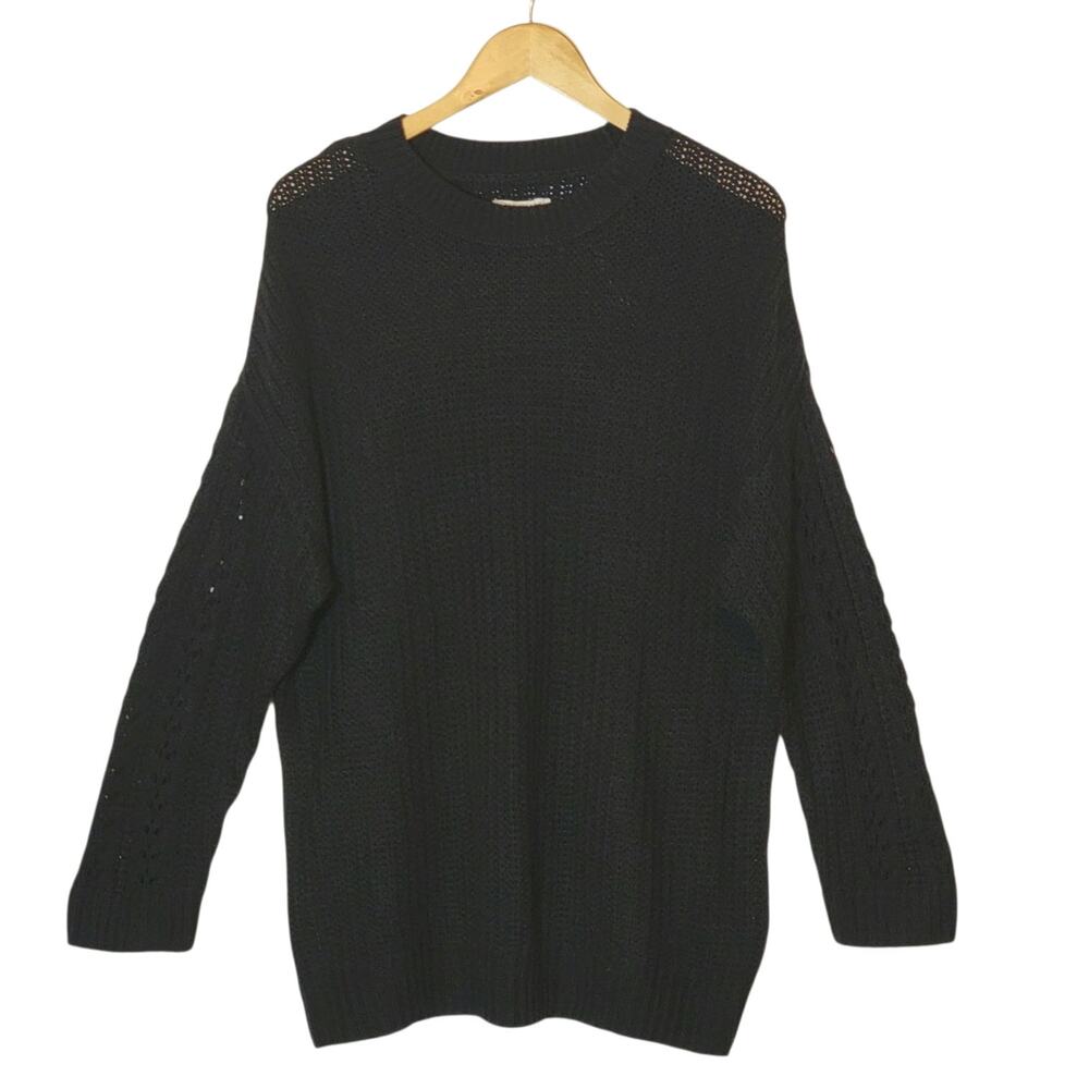 American Eagle Rib Knit Tunic Sweater Cable Knit Sleeves Black Relaxed NWT M